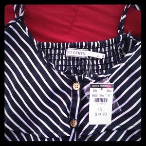 Blue & White Striped Satin Tank w Gold Buttons