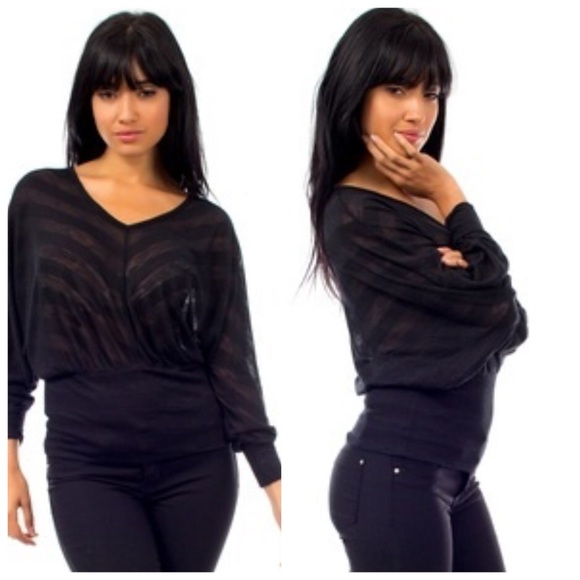 Tops - Black knit striped long sleeve v-neck top