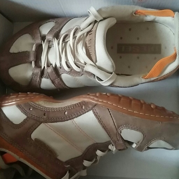 Brown, white and orange Diesel designer sneaker