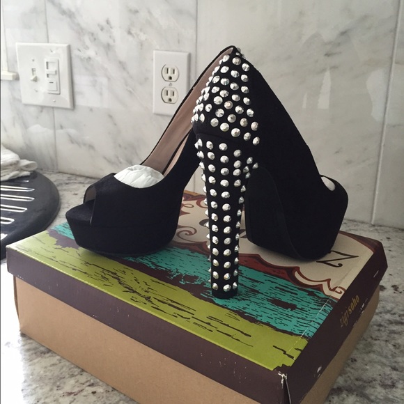 NEW!! Black suede peep toe with stones on heel