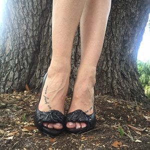 SOLD: Badgley Mischka Black Leather Peep Toe Heels