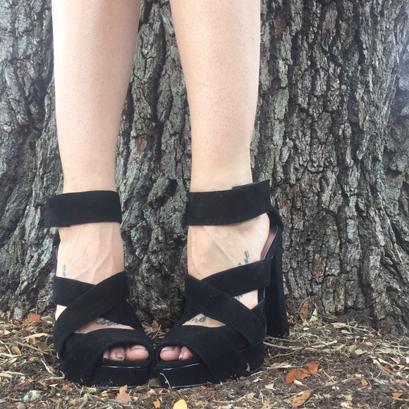 SOLD: BCBGirls Black Suede Ankle Strap Platforms