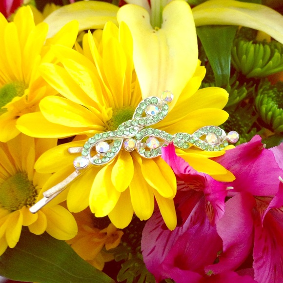 Set of 2 Green + Clear Rhinestone Twist Hair Pins