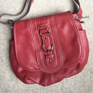 Red leather handbag
