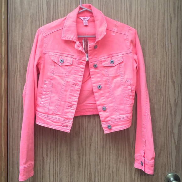 hot pink/salmon colored denim jacket