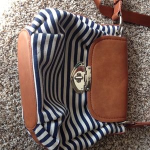 Navy striped and brown purse