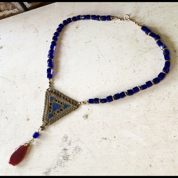 Vintage Cobalt Bead & Brass Statement Necklace