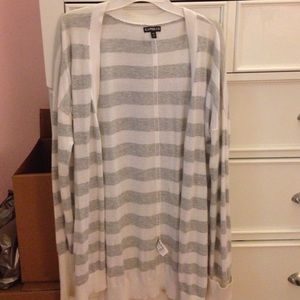 Grey & White Striped Long Cardigan