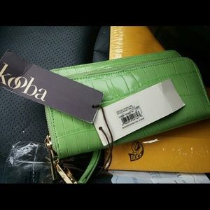Kooba Croc Embossed Green Leather Wristlet purse