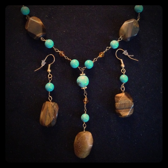 Amber & Turquoise Earrings & Necklace Set