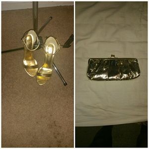 Gold heels and small Gold Clutch