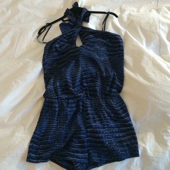 BCBGMAXAZRIA blue silk halter key hole romper