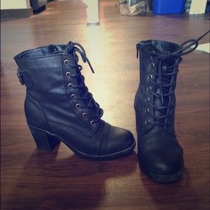 Black Lace Up Heeled Combat Boot