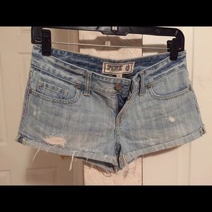 Pink light wash denim shorts