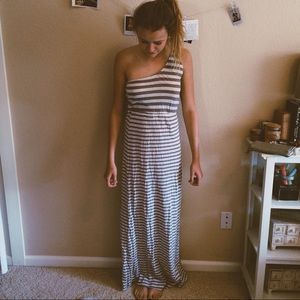 Grey and white one strap, striped dress