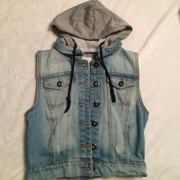 Sleeveless denim jacket with a hood