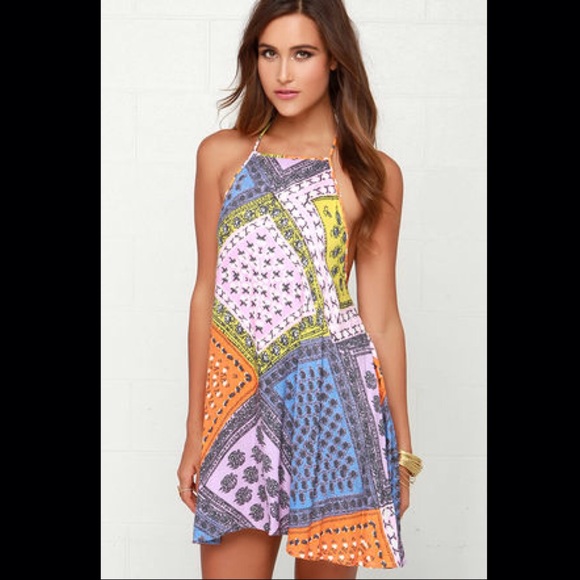 Mink Pink Sunset Patchwork Halter Dress