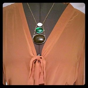 Cognac front tie long sleeve sheer blouse