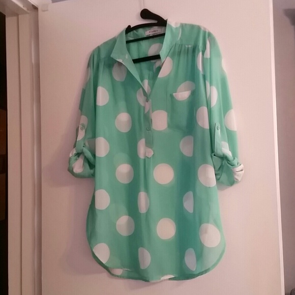 Mint green and white polka-dot blouse