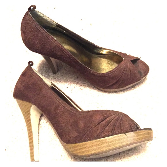 Brown Suede Peep Toe Pumps