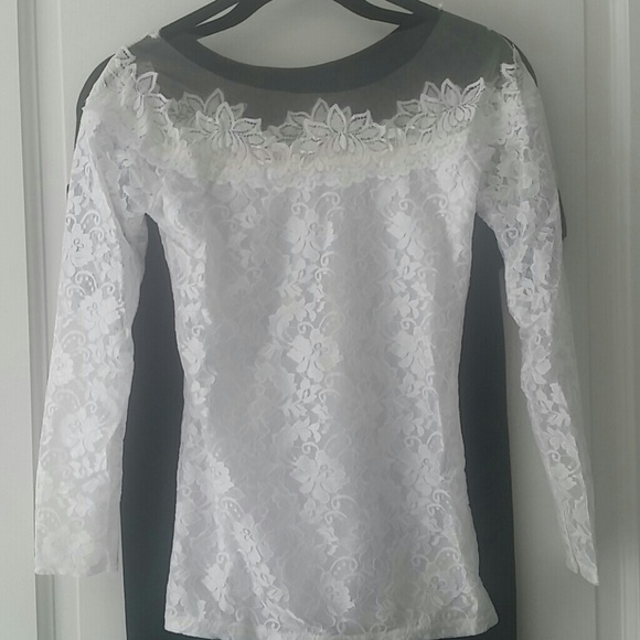 White lace off-shoulder top with illusion neckline