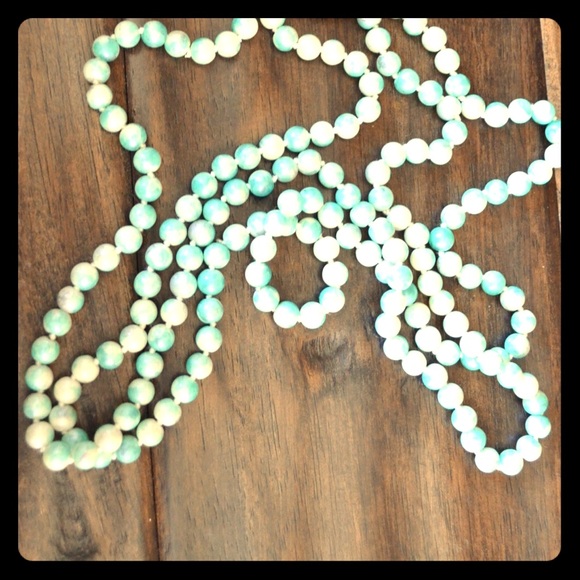 Turquoise and white faux pearl long necklace