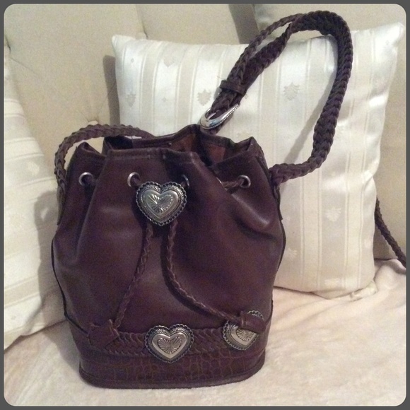 Boutique Handbags - Brown Drawstring Braided Silver Heart Bucket Bag