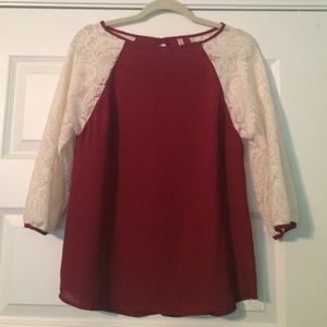 Maroon w/ cream lace sleeves top