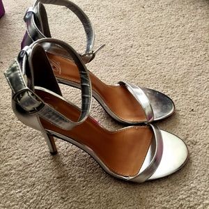 Metallic silver ankle strap heeled sandals