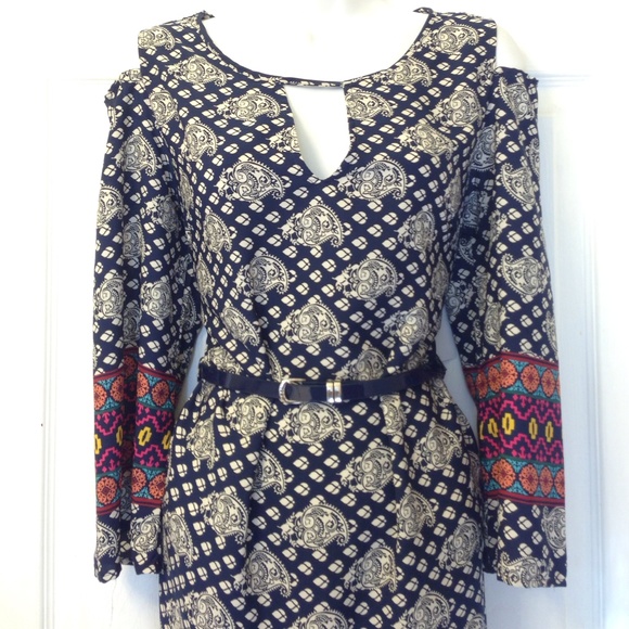 Navy & Ivory Open Shoulders Dress. - Picture 2 of 4