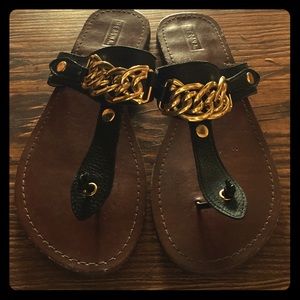 Merona black sandals with gold chain detail