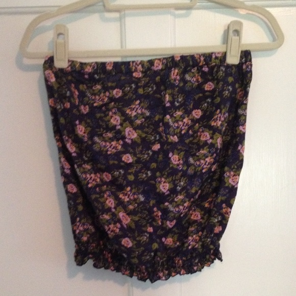 Strapless navy and pink floral print shirt