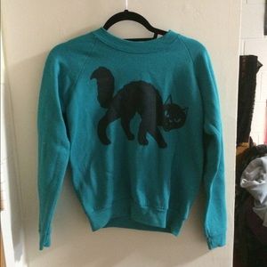 Vintage turquoise black cat sweatshirt