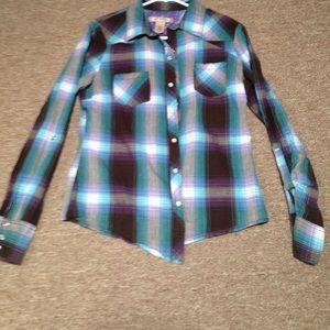 Blue/purple/brown ladies button up flannel