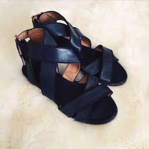 Topshop black sandals w/ rose-gold buckles