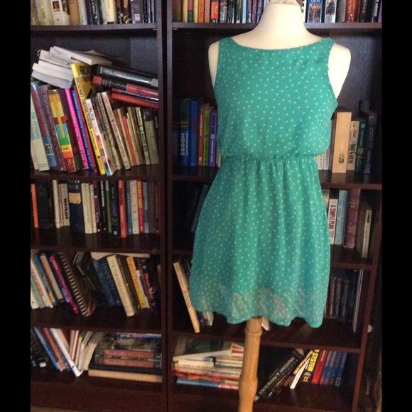 Teal and white polka dot dress