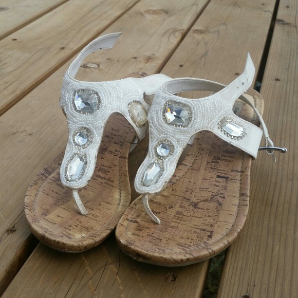 Vera Wang Wedged Cork Beaded Beach Sandals