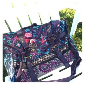 Desigual embroidered canvas bag with leather trim