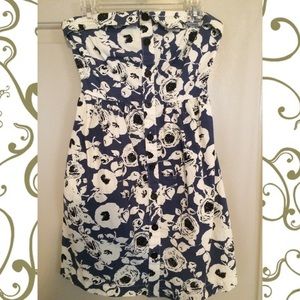 Blue strapless summer dress with white flowers