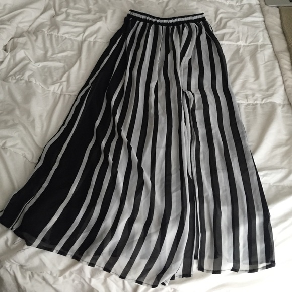 Black and white striped chiffon maxi skirt