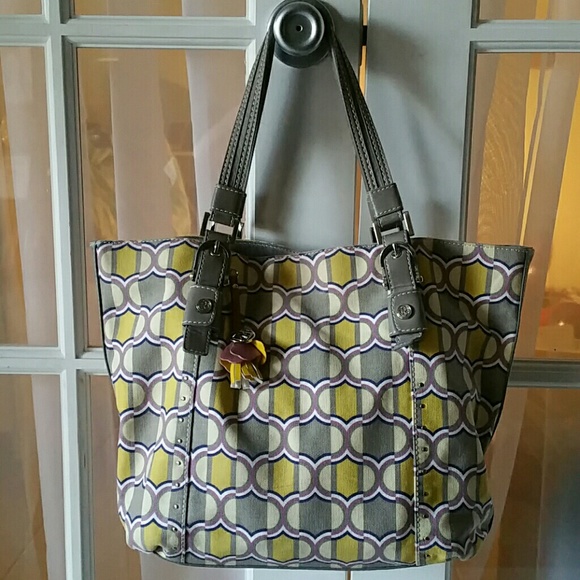 Purse grey, purple, yellow and white