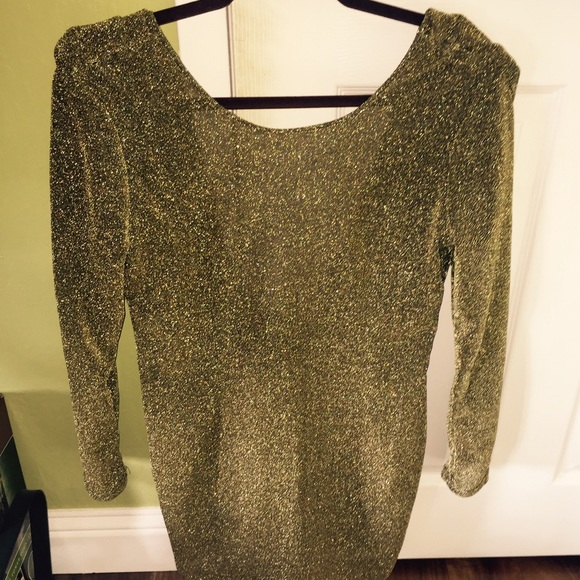 GOLD SHEER METALLIC MESH FABRIC LONG-SLEEVE DRESS