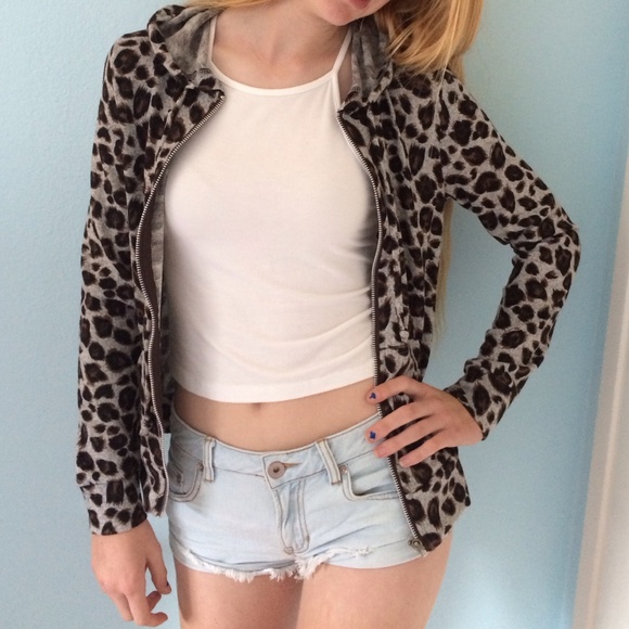 Hooded cheetah print zip up jacket