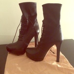 Miu Miu Leather Lace-up Bootie Heels