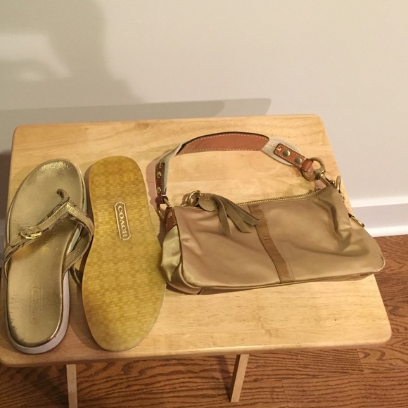 Coach Bundle - Gold worn flip flops and handbag.