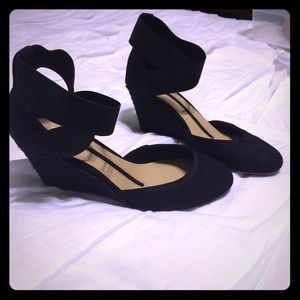 Black wedges with ankle strap -never worn