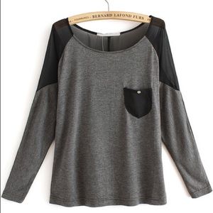 Contrast Sheer Pockets Dark Grey Blouse