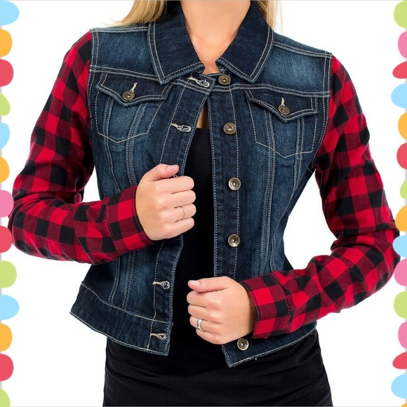 jean jacket with plaid sleeves
