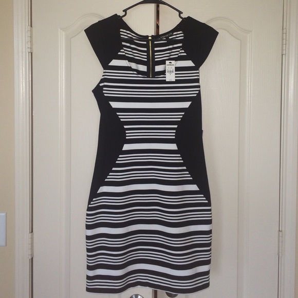 Express- black & white striped contouring dress