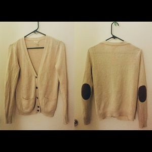 Oatmeal Heavyweight Cardigan with Brown Elbow Pads